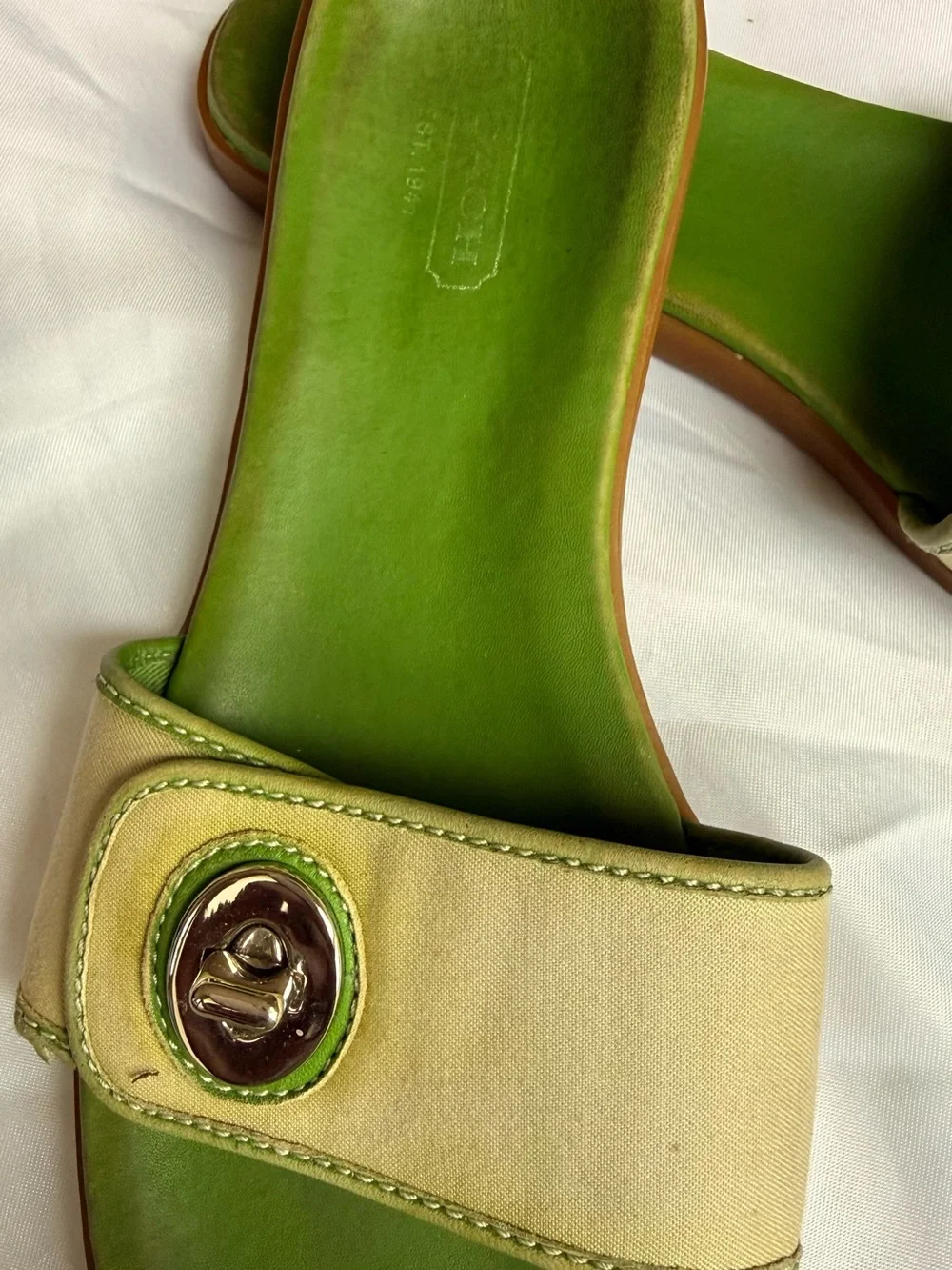 Coach Green and Cream Slide Sandal with Silver Turn-Lock Accent
